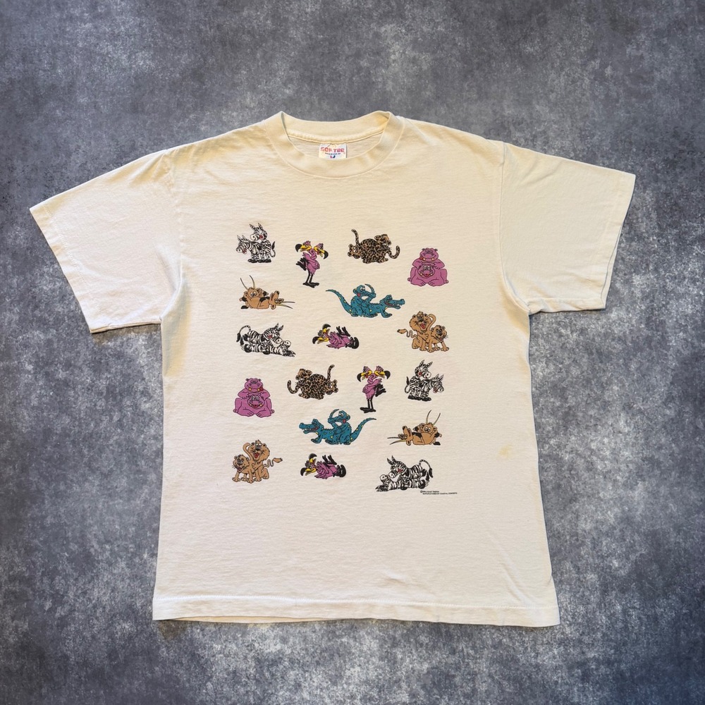 Vintage 1992 Cartoon Animal Kama Sutra T-Shirt Vulgar‎ Sex Made USA Large Cream